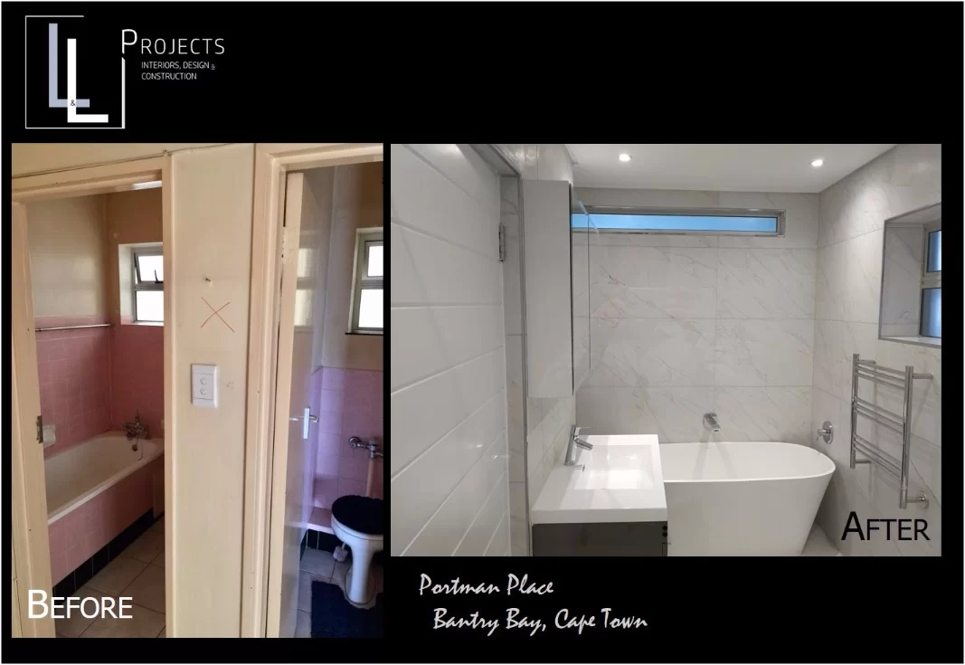 Apartment AI bathroom after renovation, with freestanding bath and tiled walls