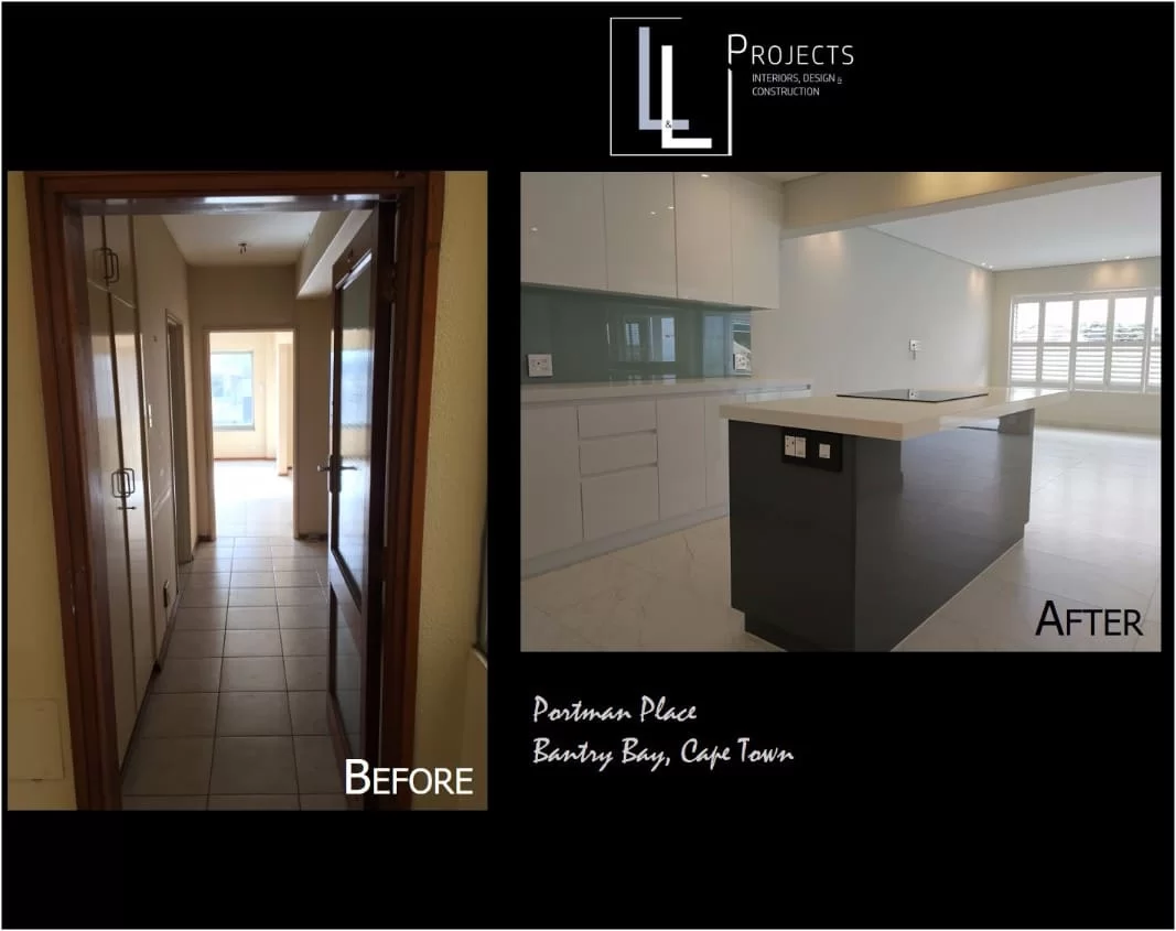 Apartment AI open kitchen after renovation, with an island
